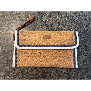 Sun N Sand Accessories Woven Straw Wristlet Clutch Navy White Trim Boho Coastal